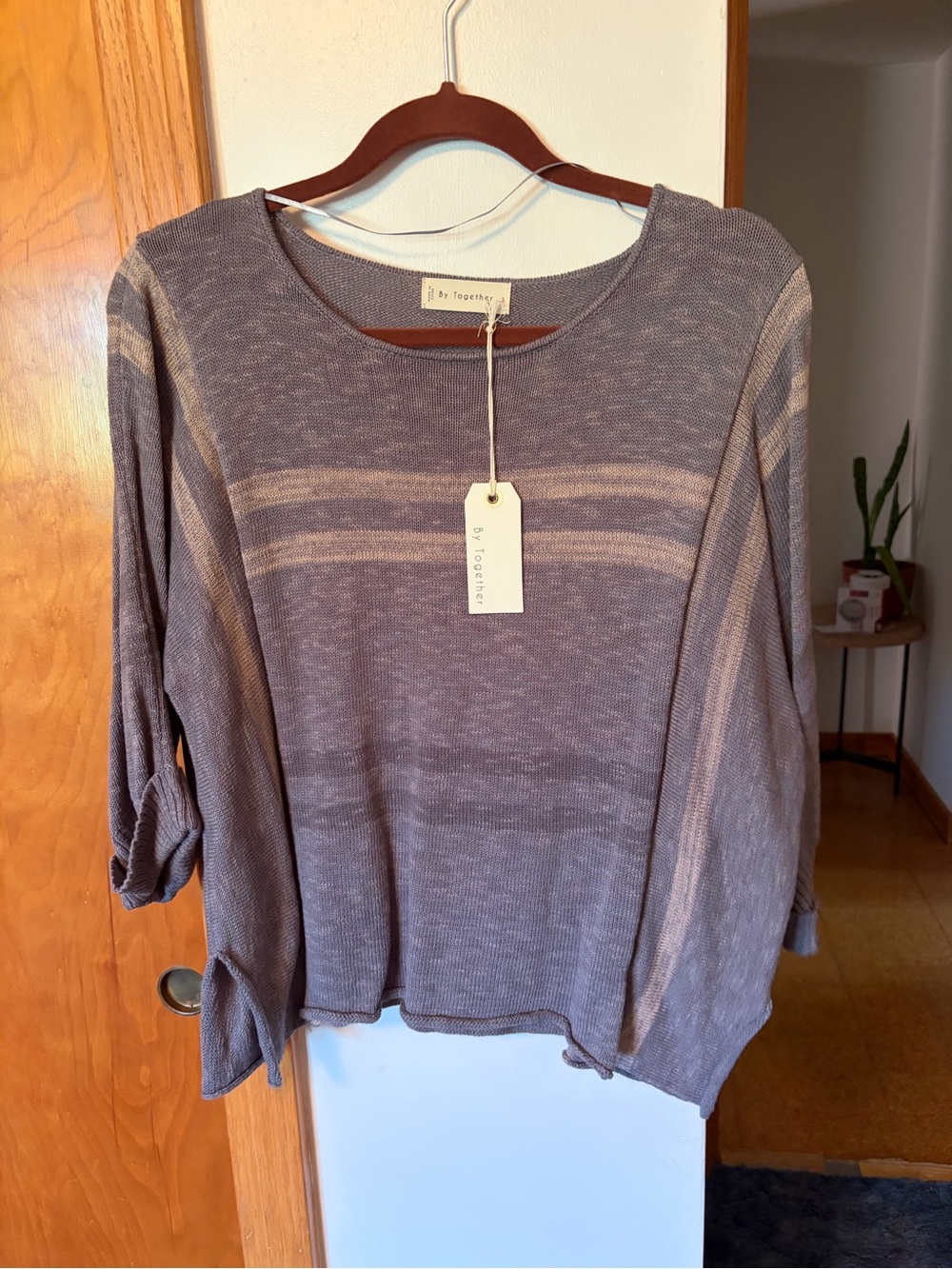 By Together Taupe and Heathered Grey Striped Lightweight Long Sleeve Top